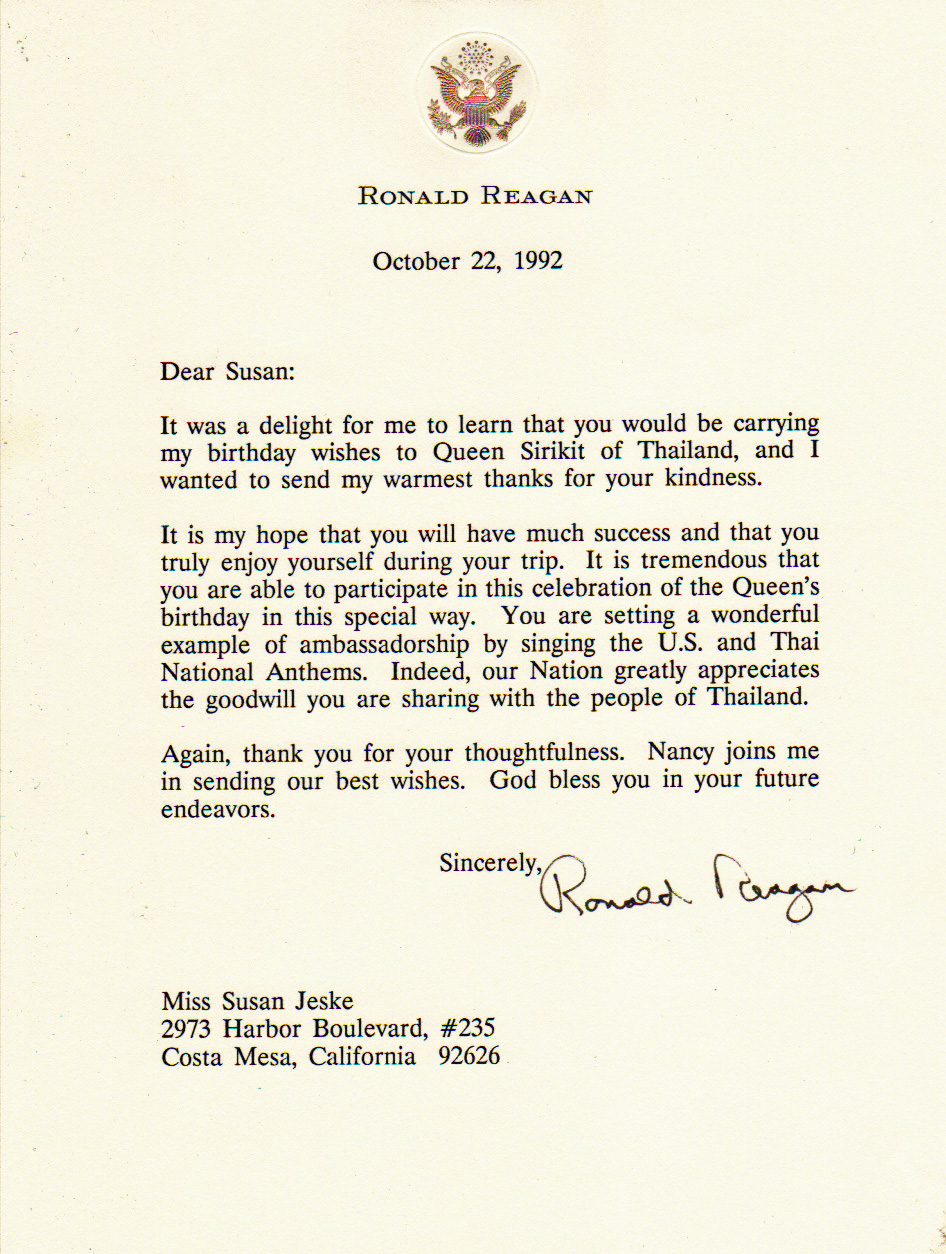 President Reagan Letter thanking me for delivering his Birthday Greeting to the Queen of Thailand