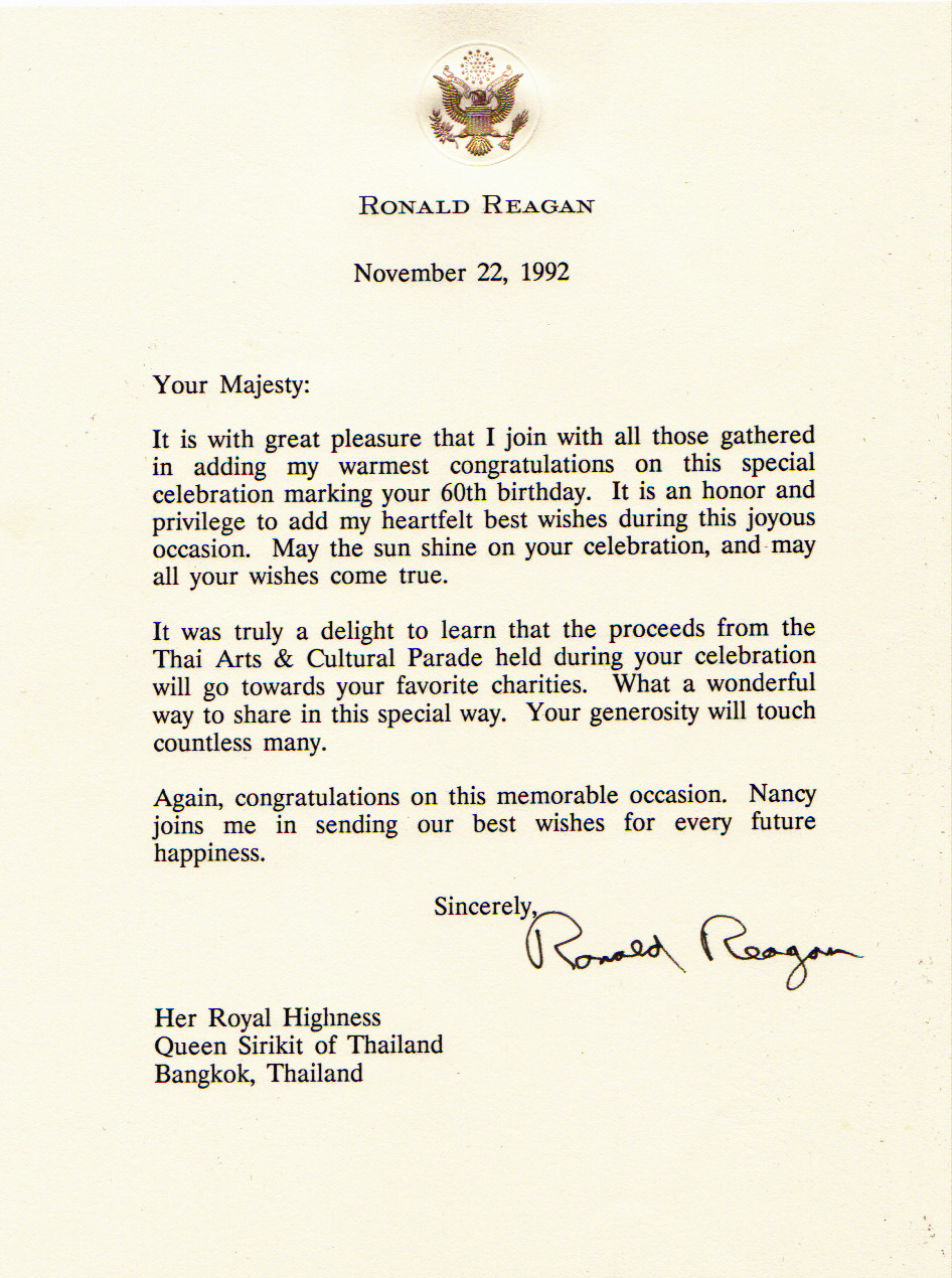 President Reagan Birthday Greeting Letter to Her Majesty Queen Sirikit